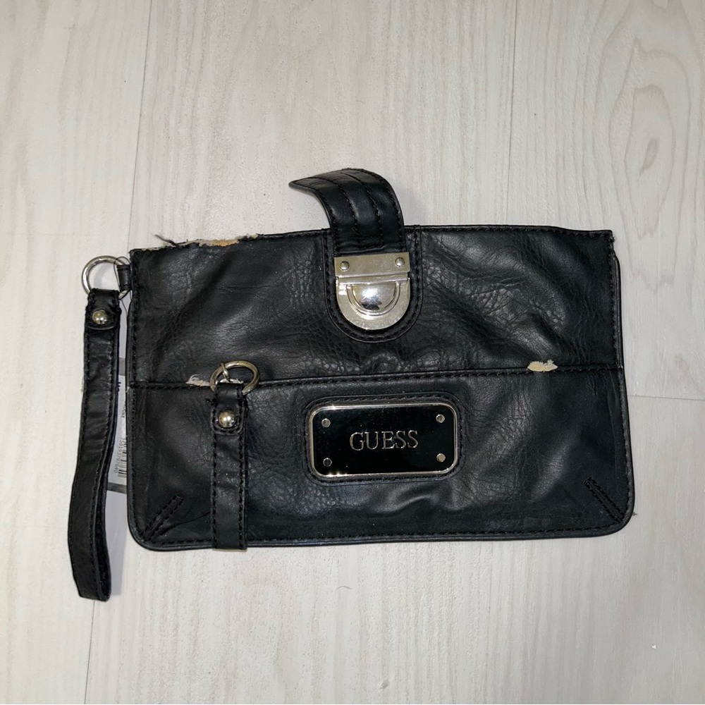 Guess Brooke Black Faux Leather Wristlet Clutch w/ Silver Hardware